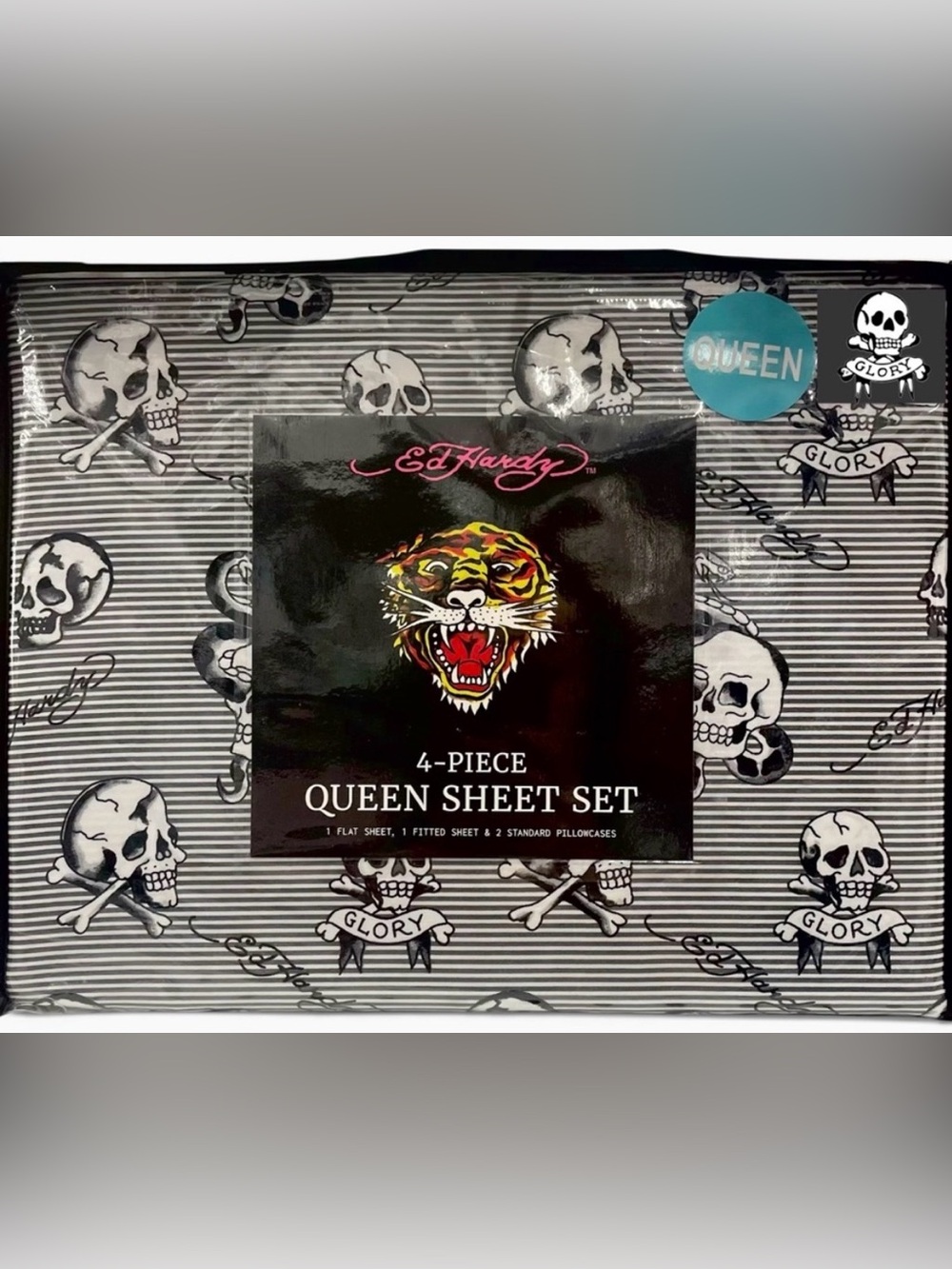 Ed Hardy Black White DP 4pc Queen Sheet Set Striped Skull Signature Logo NEW NIP